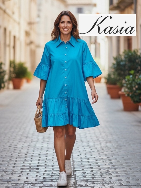 Kasia Dresses & Skirts - Kasia Turqiouse blue tiered shirt dress, L,  GP1548
